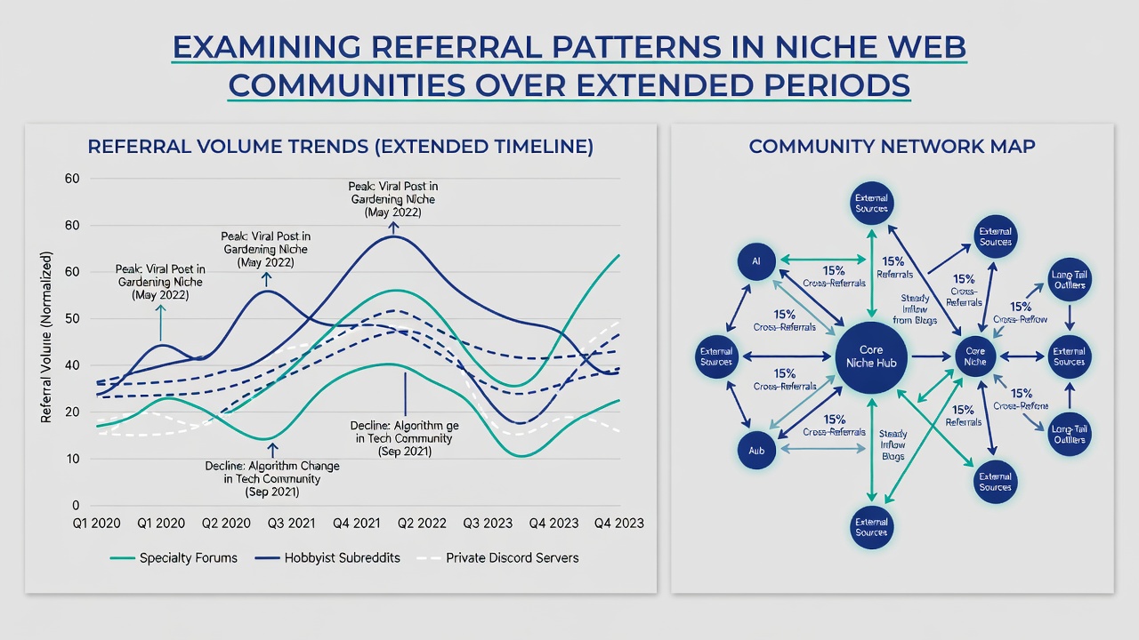 Graph illustrating changes in referral sources for specialized web groups over a decade-long timeframe