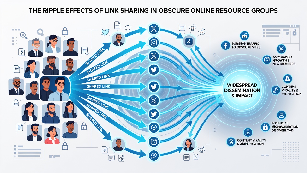 Network diagram showing how a single link spreads from a private resource group into wider online spaces
